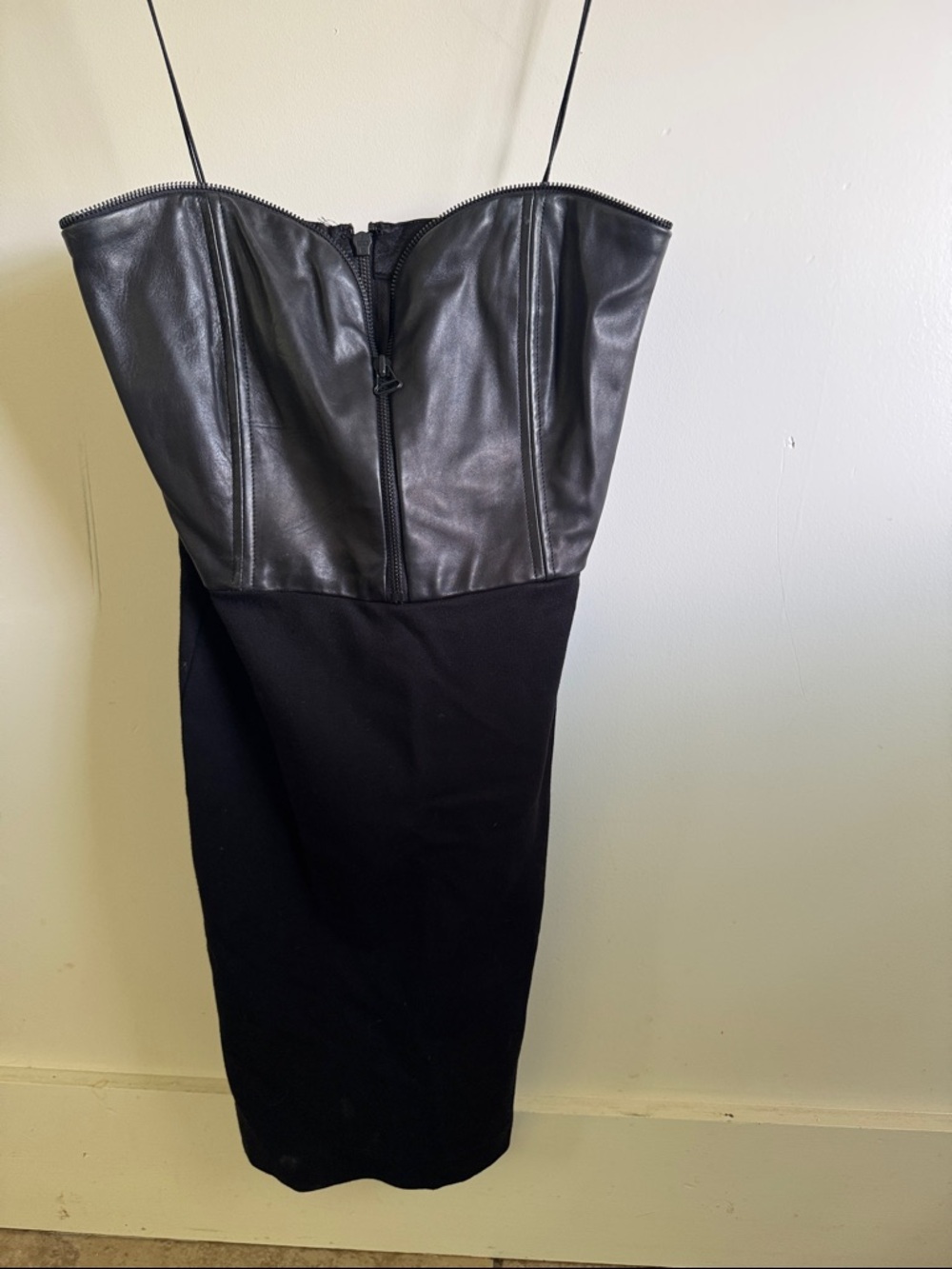 Alice + Olivia Black Strapless Leather Bustier Midi Dress